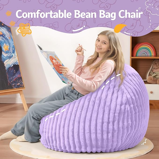 Homguava 2FT Bean Bag Chair, 2' Small Bean Bags with Memory Foam Filled, Beanbag Chairs with Machine Washable Cover Dutch Corded Plush Cover for Classroom,Living Room,Bedroom-Purple