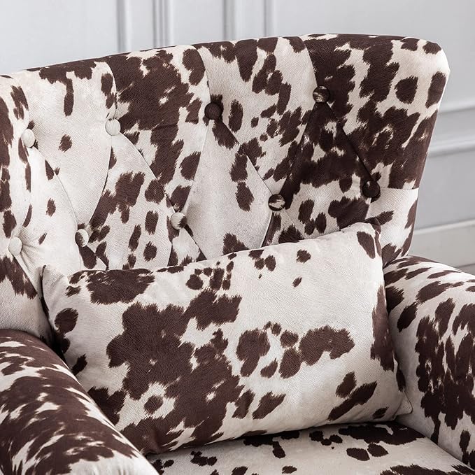 LZAREAL Accent Reading Arm Chairs for Living Room Bedroom, Midcentury Modern Comfy Corner Sofa Chair, Wingback Waiting Room Club Chair with Button Tufted Back &Lumbar Pillow, Fabric Cow