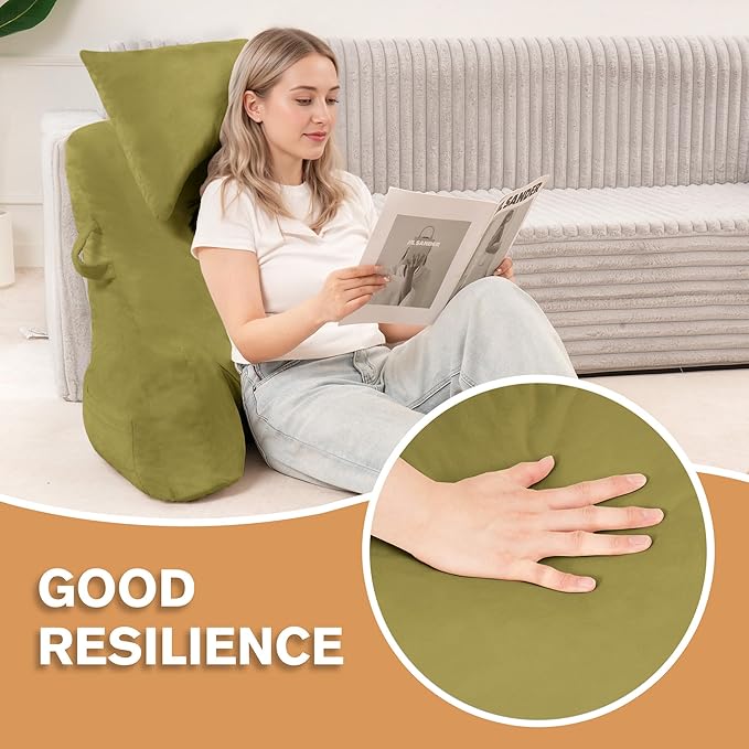 Unisakey Portable Reading Pillows with Headrest for Bed Sitting Up(Pale Green Oeko-Tex), Velvet Back Pillow with Arms & Pockets for Adults, Support Memory Foam Bed Pillow for Dorm/Watching/Gaming