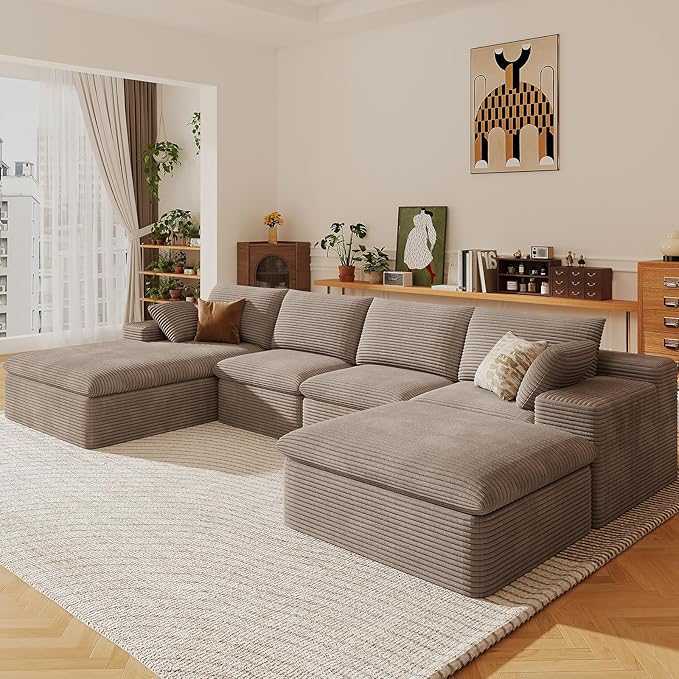 136" Cloud Sectional Couch with U-Shaped Chaise,Corduroy Viral Boneless Sofa with Ottoman,Memory Foam Couches in a Box with Deep Seat for Living Room,No Assembly Required (Camel,Left-Facing Chaise)