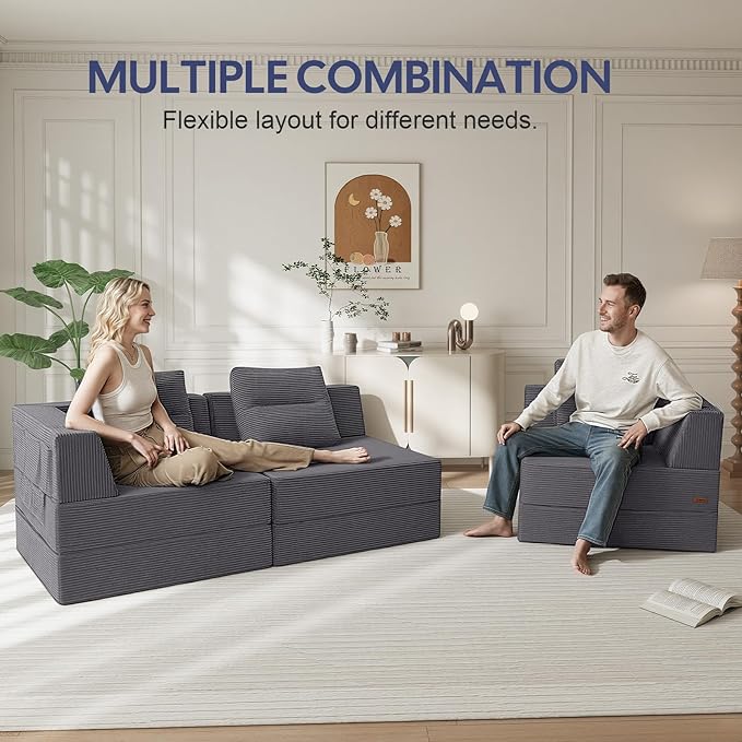 COMAX Futon Sofa Bed 3 Seater, 106" Convertible Sofa Bed Couches for Living Room, 4 in 1 Folding Boneless Sleeper Corduroy Couch Foam in a Box, Comfy Foldable Lounge Fold Out Floor Mattress, Grey