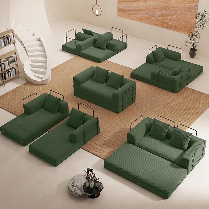Cloud Boneless Convertible Floor Sofa Bed, 70" 4-in-1 Foldable Compressed Loveseat Lounge Sleeper 2 Seater Couches, High-Density Sponge & Corduroy Fabric Futon Daybed for Living Room Bedroom(Green)