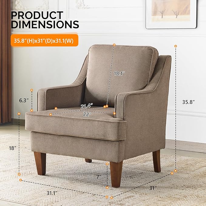 VINGLI Mid-Century Modern Accent Chairs Set of 2, Light Brown Upholstered Armchair Comfy Sofa Chairs Reading Chair High Back for Living Room Bedroom Furniture Apartment