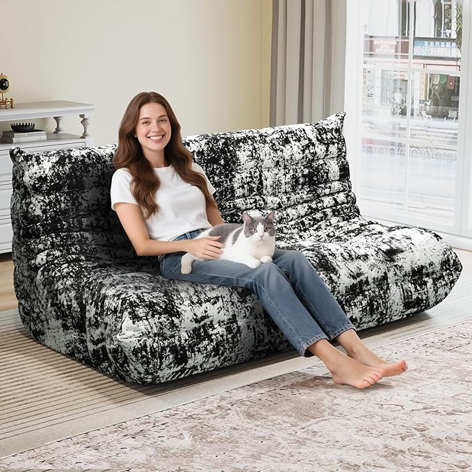 Selyteramy 3 Seat Oversized Bean Bag Chairs for Adults, Memory Foam Fireside Beanbag Couch, Comfy Bean Bag Lounger Lazy Sofa for Living Room, Bedroom, Playroom, Black Multi