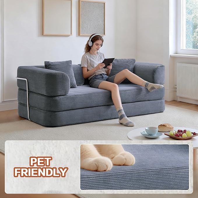 KEIKI 75" Modern Floor Sofa Bed with Convertible Blanket Pillow,Enhanced Frame Stability,Compressed Couch for Bedroom