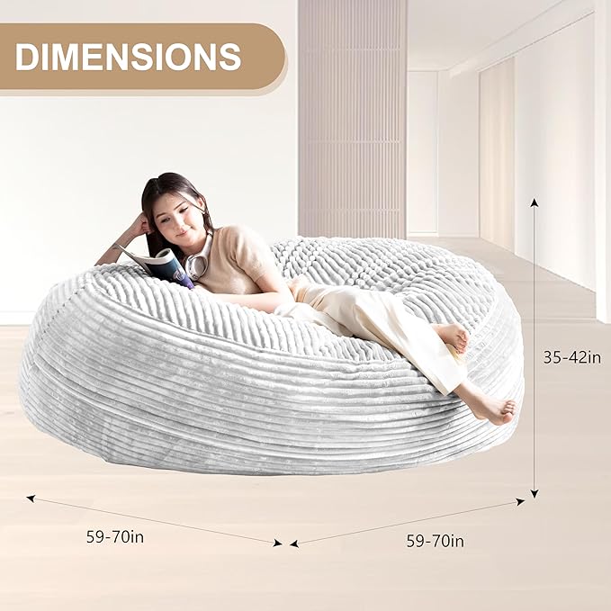 Bean Bag Chair for Adults, Floor Bean Bags Offers Ample Space for Adults,Memory Foam Giant Bean Bags,Lounger Versatile Design Suits Any Room,Movie Nights,Reading(Striped White,6FT)