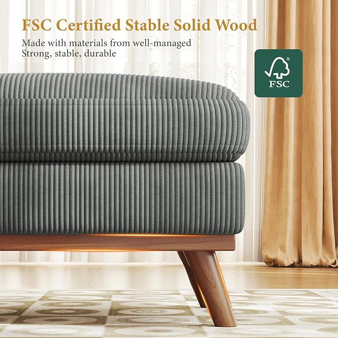 Vesgantti Large Ottoman for Modular Sofa, 29.5" Corduroy Ottoman with Spring Cushion, Rectangle Foot Rest for Couch, Entrance Footstool with Wood Legs, Footstool for Living Room, Bedroom, Dark Gray