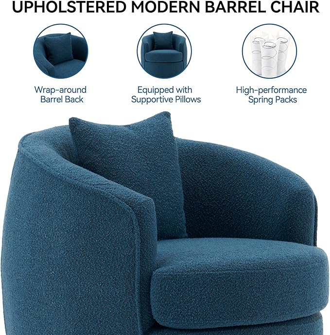 FaFaSoGoodFa Swivel Accent Chair Set, Modern Upholstered Boucle Barrel Arm Chairs with Pillow for Living Room, 360 Degree Round Swivel Sherpa Armchair with Round Base for Bedroom Club (2, Dark Blue)