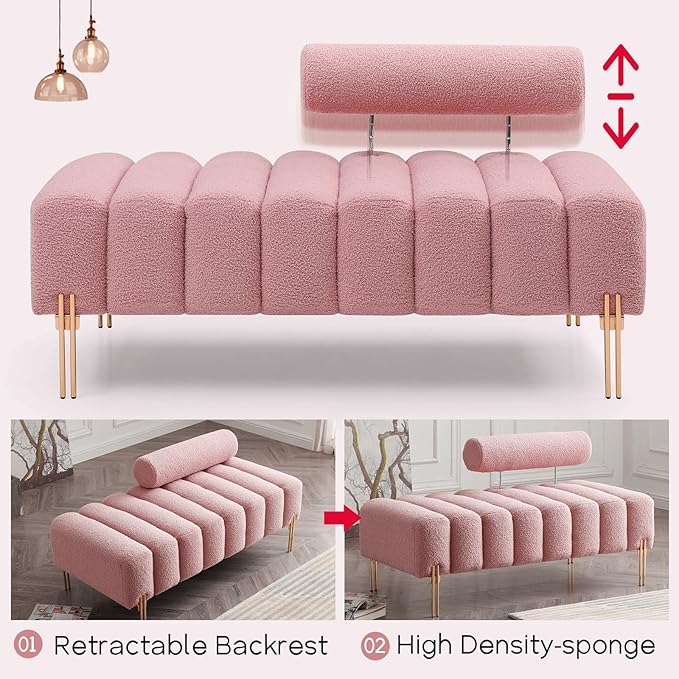 NIOIIKIT 53.2" Modern Loveseat Sofa Couch, Upholstered Accent Sofa with Golden Legs and Adjustable Backrest, Small Teddy Fleece Couches for Bedroom, Living Room, Compact Small Space (Pink)