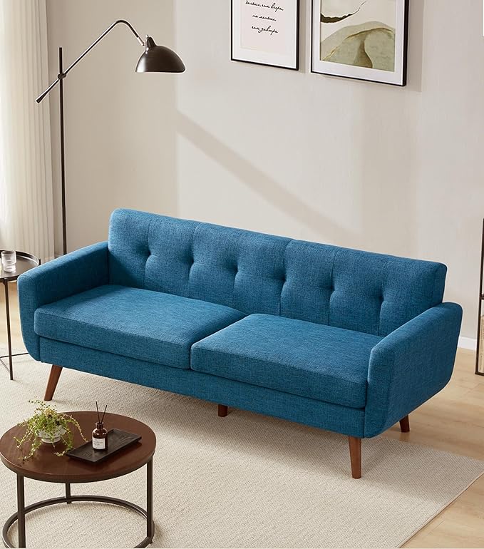 Tbfit 77.2" W Linen Sofa Couch, Mid Century Modern Decor Loveseat Couches for Living Room, Button Tufted Upholstered Small Couch for Bedroom, Solid, and Easy to Install Love Seats Furniture, Blue | linen fabric, button tufted, solid wood foot, pocket s...