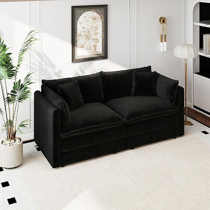 Aoowow Modular Sectional Sofa Modern Convertible Loveseat Couch,77.16 Inch Deep 2-Seater Sofas Comfy Chenille Cloud Sofas and Couches with Pillows for Living Room Apartment（Black）