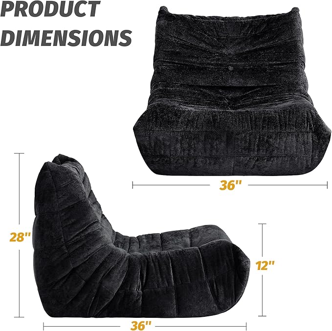 Homguava Bean Bag Chair, Giant Beanbag Chairs for Adults, Memory Foam Fireside Chair, Large Lazy Floor Sofa, Sofa Couch with High-Rebound Foam, Lounge Chair for Living Room, Bedroom (Black, Single)