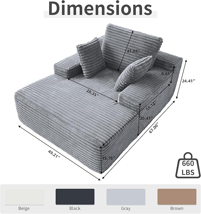 WJShome Oversized Chaise Lounge Chair Indoor, Plush Corduroy Boneless Sofa Bed, Cloud Reading Chair with Throw Pillow for Living Room (Gray)