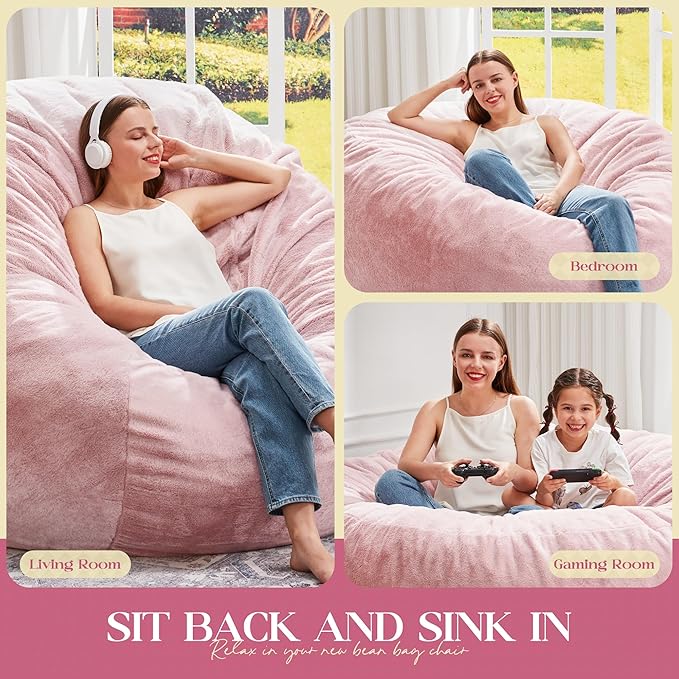 Hobestluk Bean Bag Chairs Giant Beanbag Chair with Filler, Memory Foam Bean Bags with Fluffy & Machine Washable Cover, Bean Bag Chairs for Aduts for Living Room, Bedroom (Pink, 5FT - 50” x 50” x 24”)