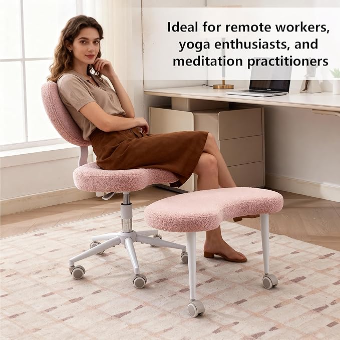 Meditation Chair with Lumbar Support,360° Swivel Cross Legged Chair with Wheels, Ergonomic Cross Legged Office Chair for Adults with ADHD, Height-Adjustable Yoga Chair, Teddy Fabric, Pink