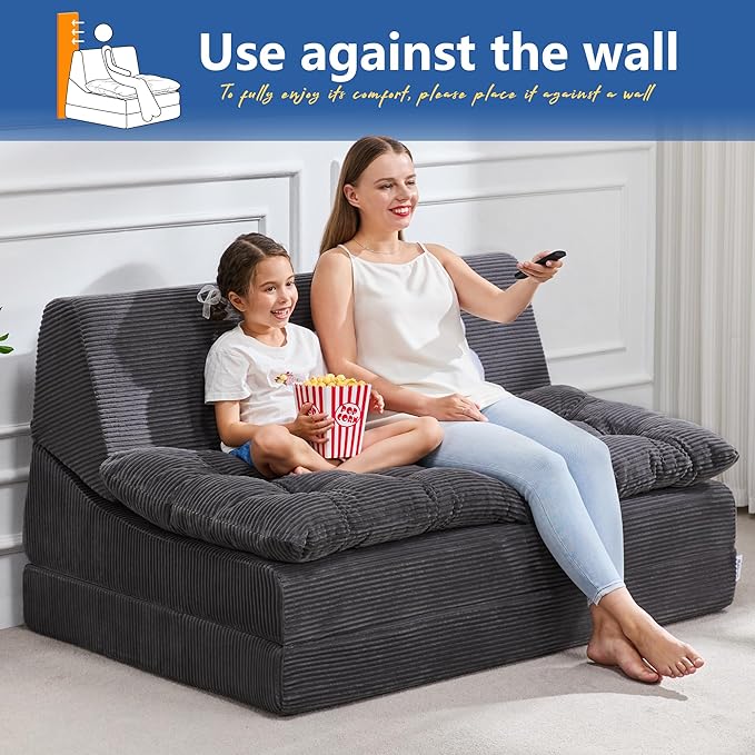 Hobestluk Sofa Couch Folding Sofa Bed Sleeper Comfy Floor Lounger Loveseat Sofa with Removable Cushion Couches Foldable Mattress for Living Room Bedroom or Office (Cordury Grey, Oversize)