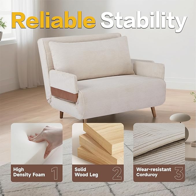 CITTANEO 42" Convertible Sleeper Chair, 3-in-1 Chair Bed Sleeper for Adults with Adjustable Backrest, Pillow & Wooden Arms, Loveseat Sofa Bed for Apartment, Office, Beige