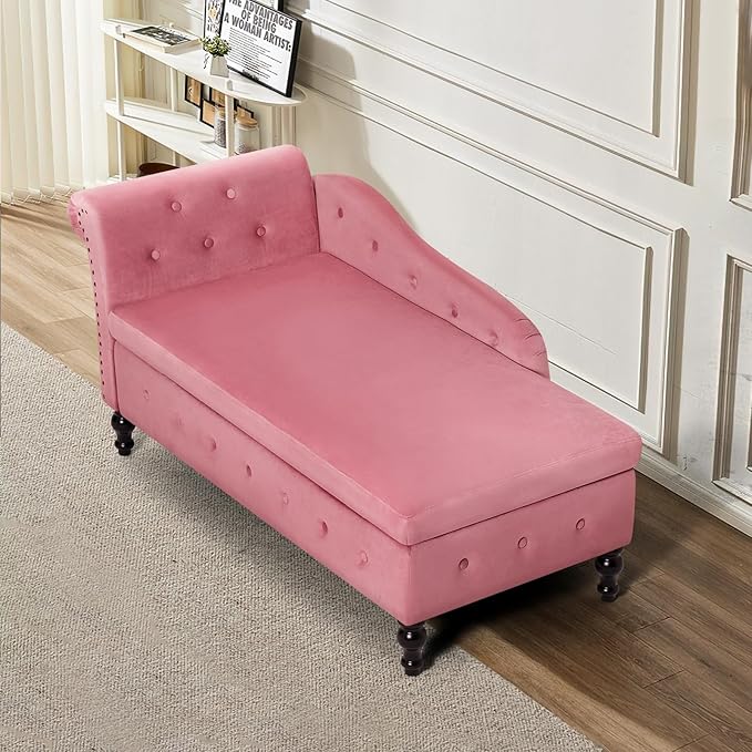ACMEASE Upholstered Velvet Chaise Lounge with Left Armrest & Storage Space,Button Tufted Lounge Chair w/Lumbar Pillow,Modern Lounge Chair for Bedroom, Living Room and Office,Pink