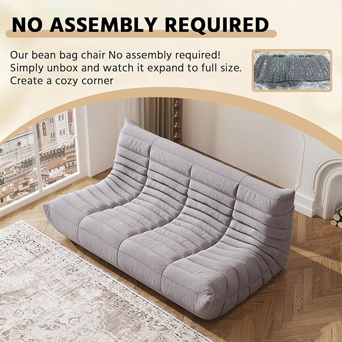 Bean Bag Chair, Fireside Chair, Large Bean Bag Chair for Adults, Bean Bag Chairs for Teens with High-Resilience Foam, Non-Slip Base Floor Lounge Sofa,Living Room (Gray, 3-Seater)