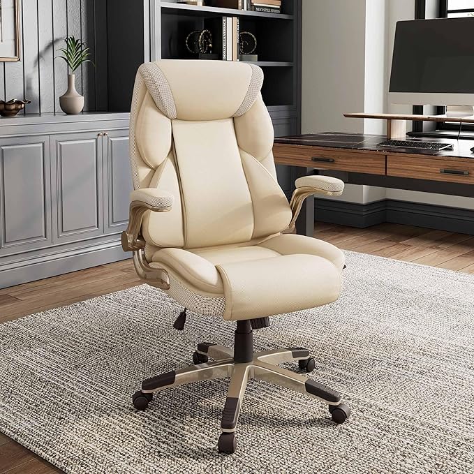 EUREKA ERGONOMIC Galene Executive Office Chair Flip Up Arm Rest, Ergonomic Desk Chair Faux Leather Computer Chair, High Back Office Chair with Headrest, Home Office Desk Chairs with Wheels, Beige