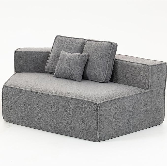 EPOFIT 1-Seater Teddy Fleece Modular Sofa Chair, Low-Profile Floor Seat with Wide Cushion and All-Foam Support, Left-Facing Design, Compressed Packaging – Blue Gray