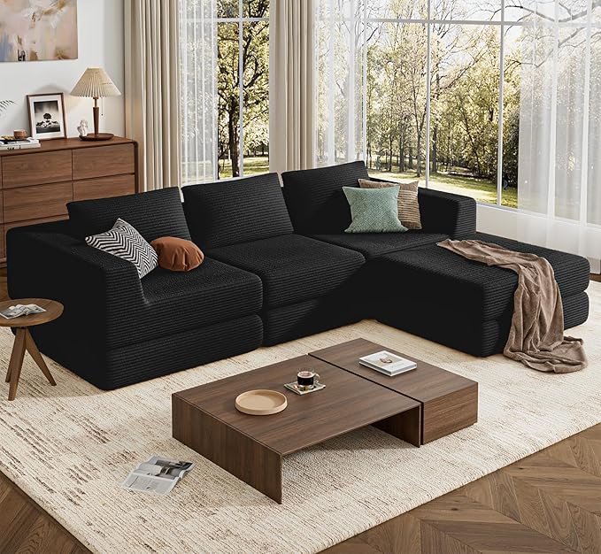 L-Shaped Corduroy Modular Sectional Couch, Modern Floor Couch Sofa for Apartment Living Room, Convertible Sleeper Sofa Bed with 3 Pillows, No Assembly Required, Black