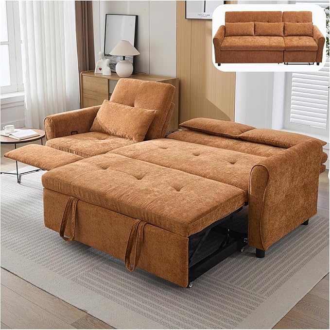 Gagawin 2 in 1 Convertible Sofa Bed with Reversible Recliner, Chenille 3-Seater Couch Sleeper with Pull Out Bed & Adjustable Backrest & Dual USB Charging Ports for Living Room, Brown