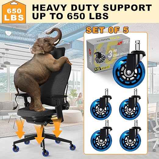 FreekyFit Office Chair Wheels for Casters Replacement - 3" Rubber Wheels for Computer Gaming Desk Caster Smooth & Safe Rolling for All Floors Including Hardwood and Carpet - Set of 5 - Blue