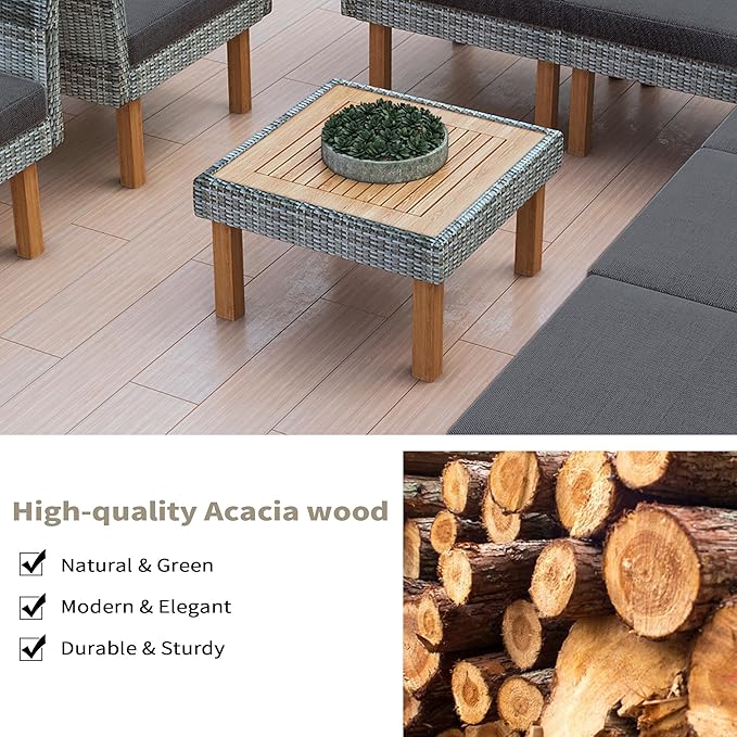 Merax Outdoor Patio Furniture Sets, Free Combination Rattan Sofa with Wood Tabletop, 9-Piece, Beige