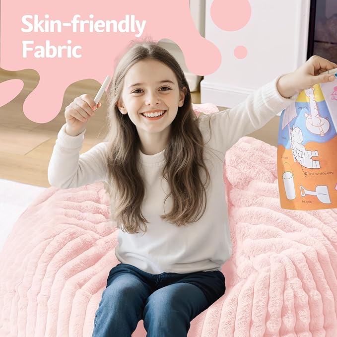 Homguava 2FT Bean Bag Chair, 2' Small Bean Bags with Memory Foam Filled, Beanbag Chairs with Machine Washable Cover Dutch Corded Plush Cover for Classroom,Living Room,Bedroom-Soft Pink