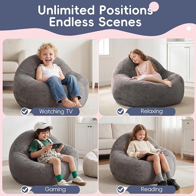 3 Feet Bean Bag Chair, BeanBag Chair for Teens & Youth, Bean Bag Couch with High-Density Foam Filler, Faux Fur Fabric, Living Room, Bedroom, Game Room, Dorm, Office ( Light Gray, 33.5"Dx33"Wx24"H )