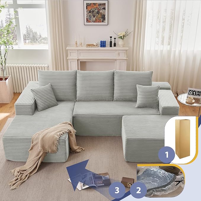 107" W Cloud Sectional Couch with Ottoman,Modern U-Shaped Cloud Couch with Deep Seat,Comfy Corduroy 3-Seater Sofa,Memory Foam Sofa for Living Room,No Assembly (Grey,Left-Facing Chaise)