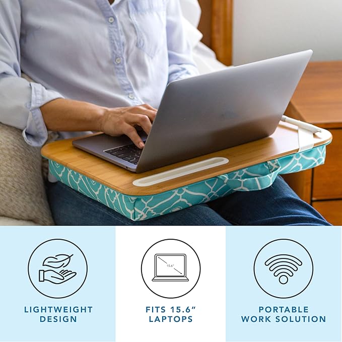 LAPGEAR Designer Lap Desk with Phone Holder and Device Ledge - Aqua Trellis - Fits up to 15.6 Inch Laptops - Style No. 45422