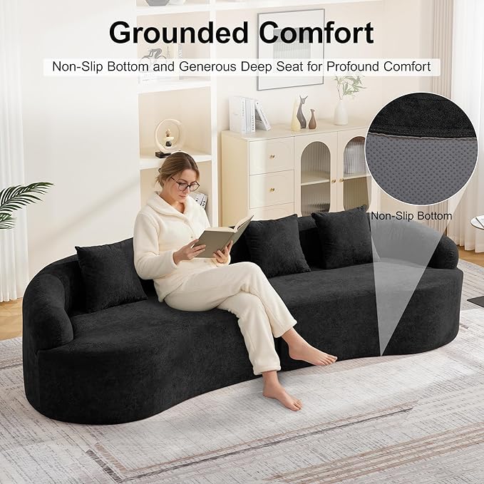 110.2" Curved Boneless Couch, Oversized Cloud Sofa with 4 Pillows, Modern 4 Seater Modular Sectional Sofa, Boneless Sectional Couches for Living Room, Curved Foam Couch, Black