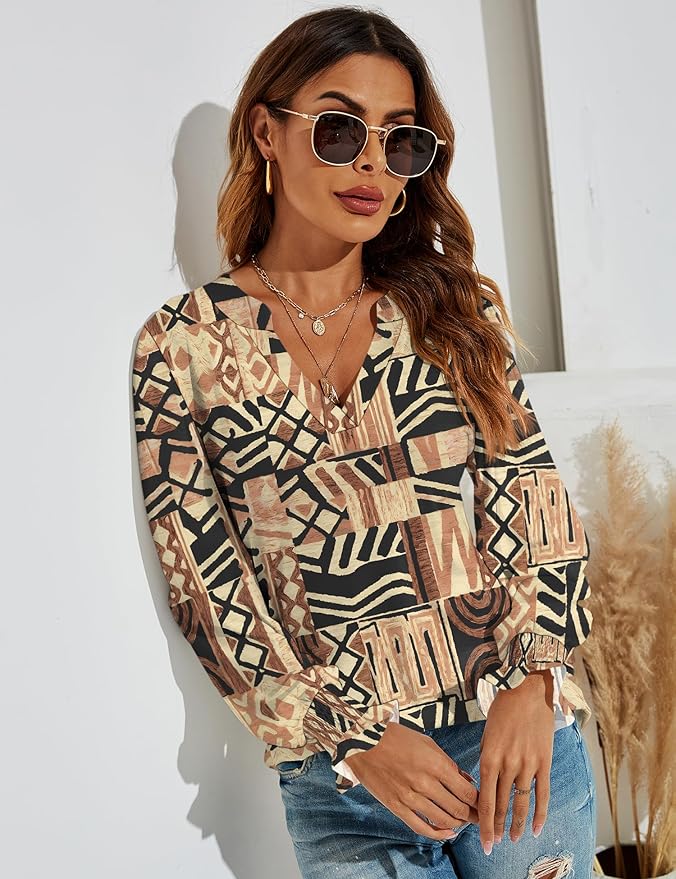 Romanstii Women's Casual V-Neck T-Shirts Loose Puff Long Sleeve Tops Tunic Blouses