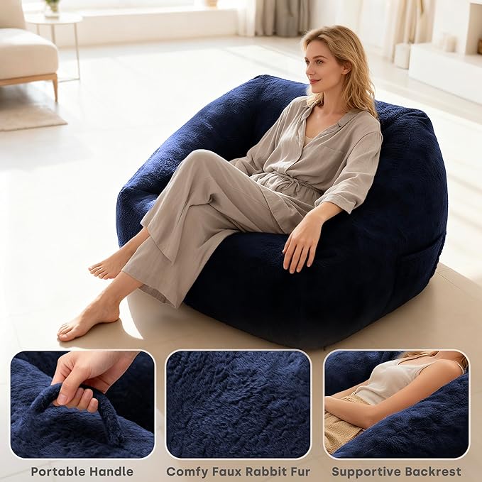 COSIEST Bean Bag Chair, Big Comfy Couch with Armrests, Furry Beanbag Chair with Foam Filler for Adults & Kids, Stuffed Accent Sofa for Reading, Lounge Floor Sofa for Living Room, Bedroom, Blue