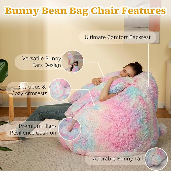 Bean Bag Chair for Adults Kids Giant Fluffy Plush Bean Bag Sofa with Filler Faux Fur Rabbit Shaped Beanbag Chairs Comfy Accent Floor Couch for Gaming, Reading in Bedroom, Living Room, Dorm