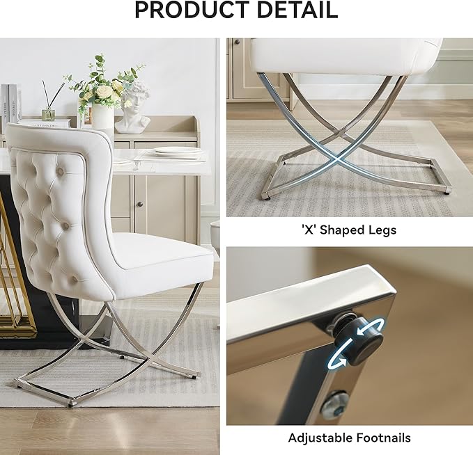 WUTUTUEE Luxury Velvet Dining Chairs, Tufted Upholstered Armless Accent Chairs with Silver Metal X-Legs, Modern Glam Dining Room Chair Set of 2, Beige