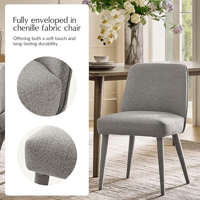 HULALA HOME Modern Dining Chairs Set of 4，Gray Fully Chenille Upholstered Dining Room Chairs Set with Foot Peg, Solid Wood Frame, Armless Kitchen Accent Chairs for Living Room Bedroom Reception