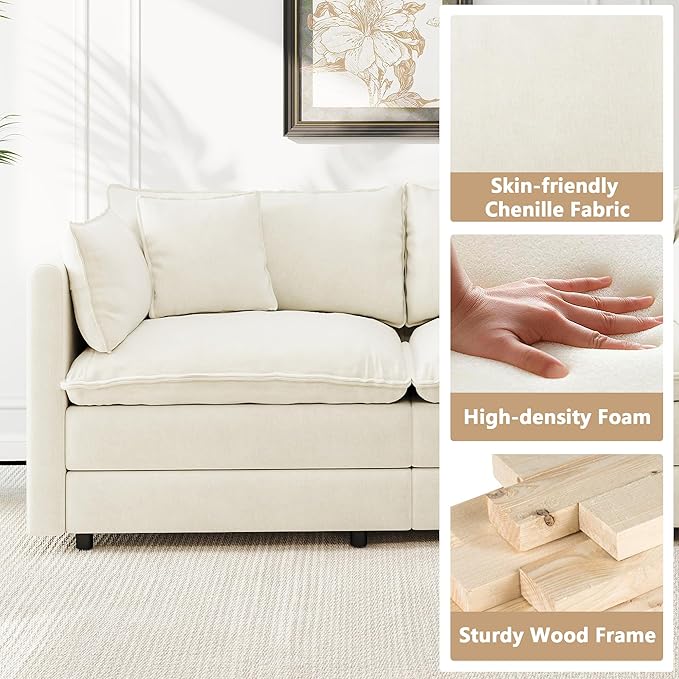 Aoowow Modular Sectional Sofa Modern Convertible Loveseat Couch,77.16 Inch Deep 2-Seater Sofas Comfy Chenille Cloud Sofas and Couches Set with Movable Ottoman for Living Room Apartment（Beige）