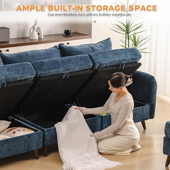 Rexulqo 135'' Modular Sectional Sofa with All Seats Storage, Oversized U Shaped Couch,4-Seater Comfy Cloud Couch with Movable Ottoman,24.5'' Deep Seat,Big Sofas for Living Room,Bedroom,Velet,Blue
