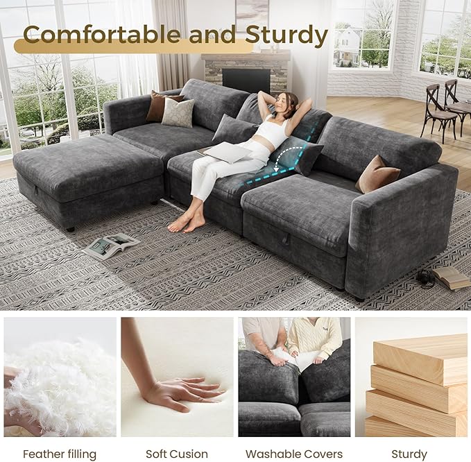 KKL Modular Sectional Oversize Sofa - Apartment Sofa Bed with Adjustable Backrest, 113" L Shaped Couches for Living Room, Down Filled Sectional Couch with Storage Ottoman Chenille, Grey
