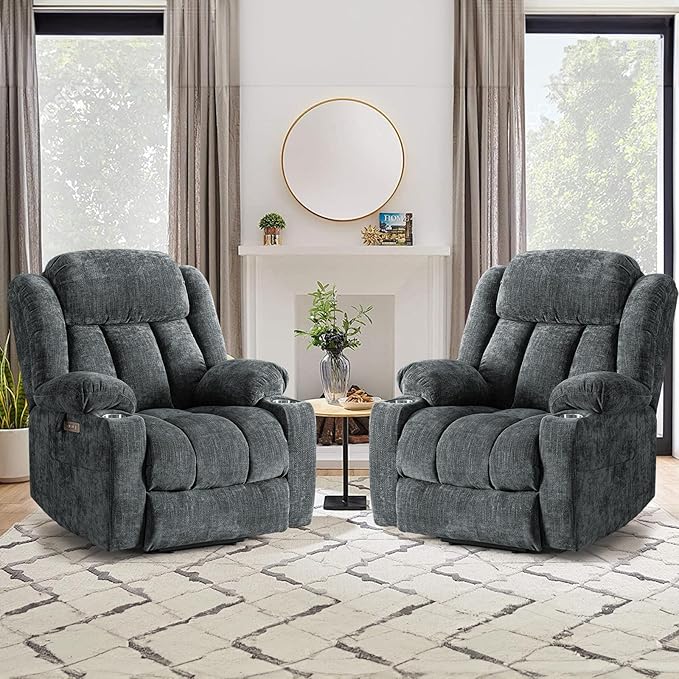 ABCASA Large Power Lift Chairs Recliners for Elderly Set of 2 with Heated and Massage, Upgraded Chenille Lift Chairs Recliners, USB-A and USB-C, Cup Holder, Side Pocket, Grey Blue