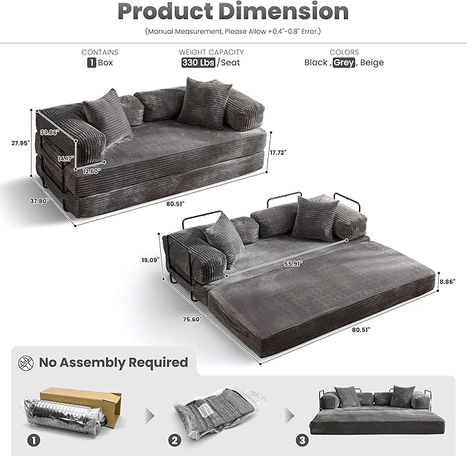 ovios 81" Folding Sofa Bed, Foldable Sleeper Boneless Couch with Pull Out Beds, Modular Convertible Floor Futon Loveseat Lounger for Living Room (Corduroy, Grey)