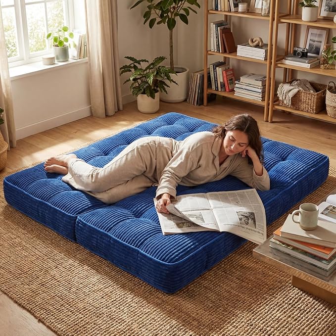 Vercraft 63 Inch Folding Bench Cushion, 4 Inch Thick 2-in-1 Convertible Long Floor Lounger Boneless Cushions Couch Mattress Upholstered for Yoga, Reading, Sleeping, Meditation Living Room(Navy)