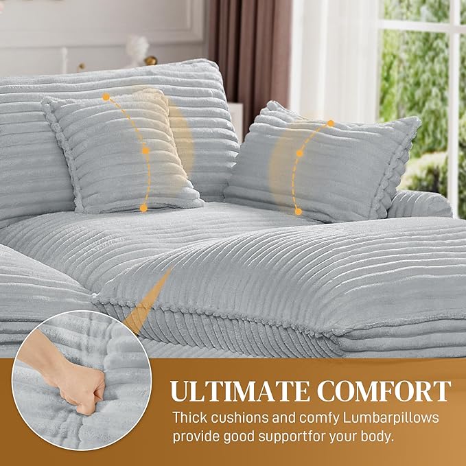 HYJT-H&K 74" L Shaped Cloud Couch Modular Small Sectional Couches for Living Room Small Spaces, Comfy Fluffy Corduroy Cloud Loveseat with Ottoman 3 Seat Sectionals Sofa, Grey