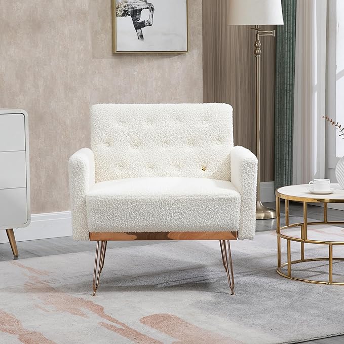 Accent Chair for Living Room, Comfy Oversized Velvet Upholstered Arm Chairs, Mid Century Modern Reading Single Sofa Side Chair with Tufted Back and Gold Legs for Bedroom (2, Teddy White)