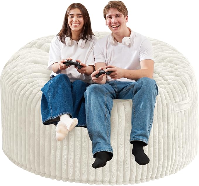 Homguava 5 FT Bean Bag Chair,5' Big Bean Bag,Giant Bean Bag Chairs for Adults with Memory Foam Filled,Comfy Large Beanbag Chairs Soft Bean Bag Sofa with Dutch Corded Plush Cover-White