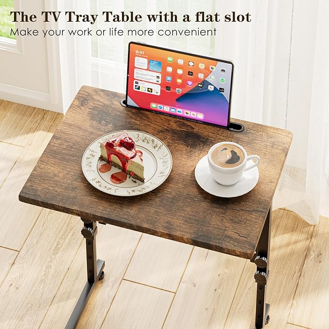 Fleecy day Adjustable Folding TV Tray Table,TV Dinner Small Foldable C-Shaped End Table for Eating,6 Height Adjustable Slide Under Couch Side with Sturdy MDF Top,No Assembly(Brown,2Pcs)