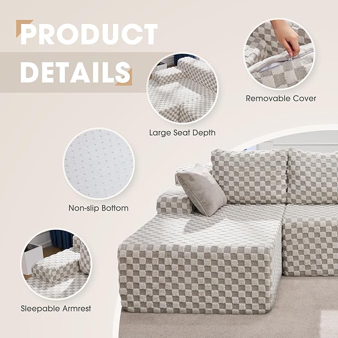 Modular Sectional Sofa Couches L-Shape Couch 3 Seat Modular Sofa Memory Foam Sectional Couches for Living Room, Cloud Couch with Oversized Chaise (GREYGREEN Check, 96" Left Facing Chaise)